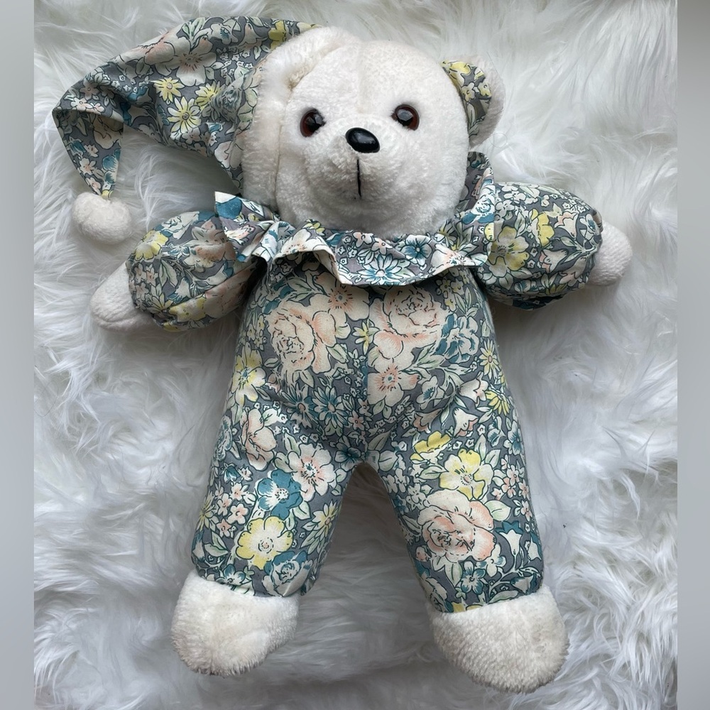 Jimmy Vintage Teddy Bear Stuffed Animal White Floral Outfit & Hat Approx. 16”